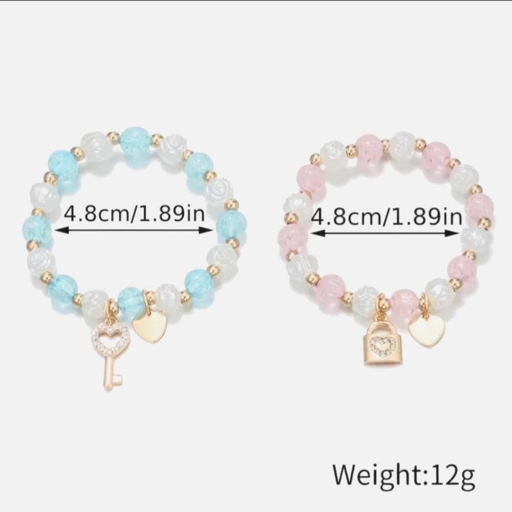 2pcs Girls Cute Lock Key Heart Pendant Bracelet, Flower Design Beaded Elastic - Picture 5 of 7
